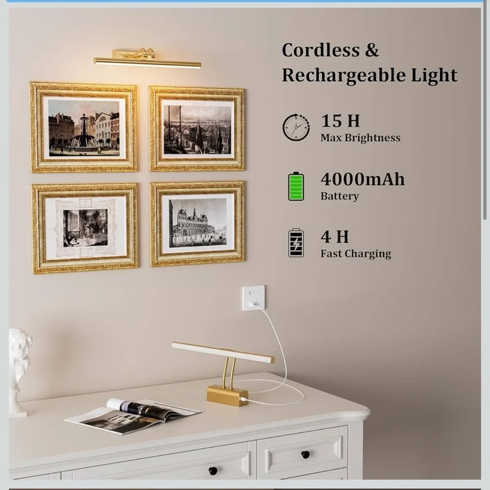 Battery operated picture light for wall 4000mah cordless wall lamp for painting